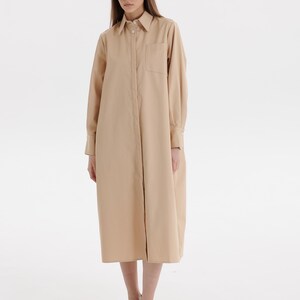 Beige shirt dress, oversized midi dress, minimalist style, casual wear, elegant linen dress, loose fit, casual dress