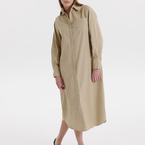 Beige shirt dress, oversized midi dress, minimalist style, casual wear, elegant linen dress, loose fit, casual dress