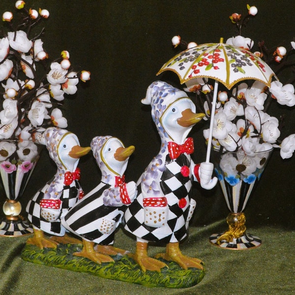 Whimsical 100% Hand-Painted Resin Three Ducks Set with Umbrella .  Great  Easter decoration.