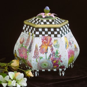 Whimsical Hand-painted and decoupaged Vintage Hexagonal Treasure Chest with a beautiful cover and metal flower.