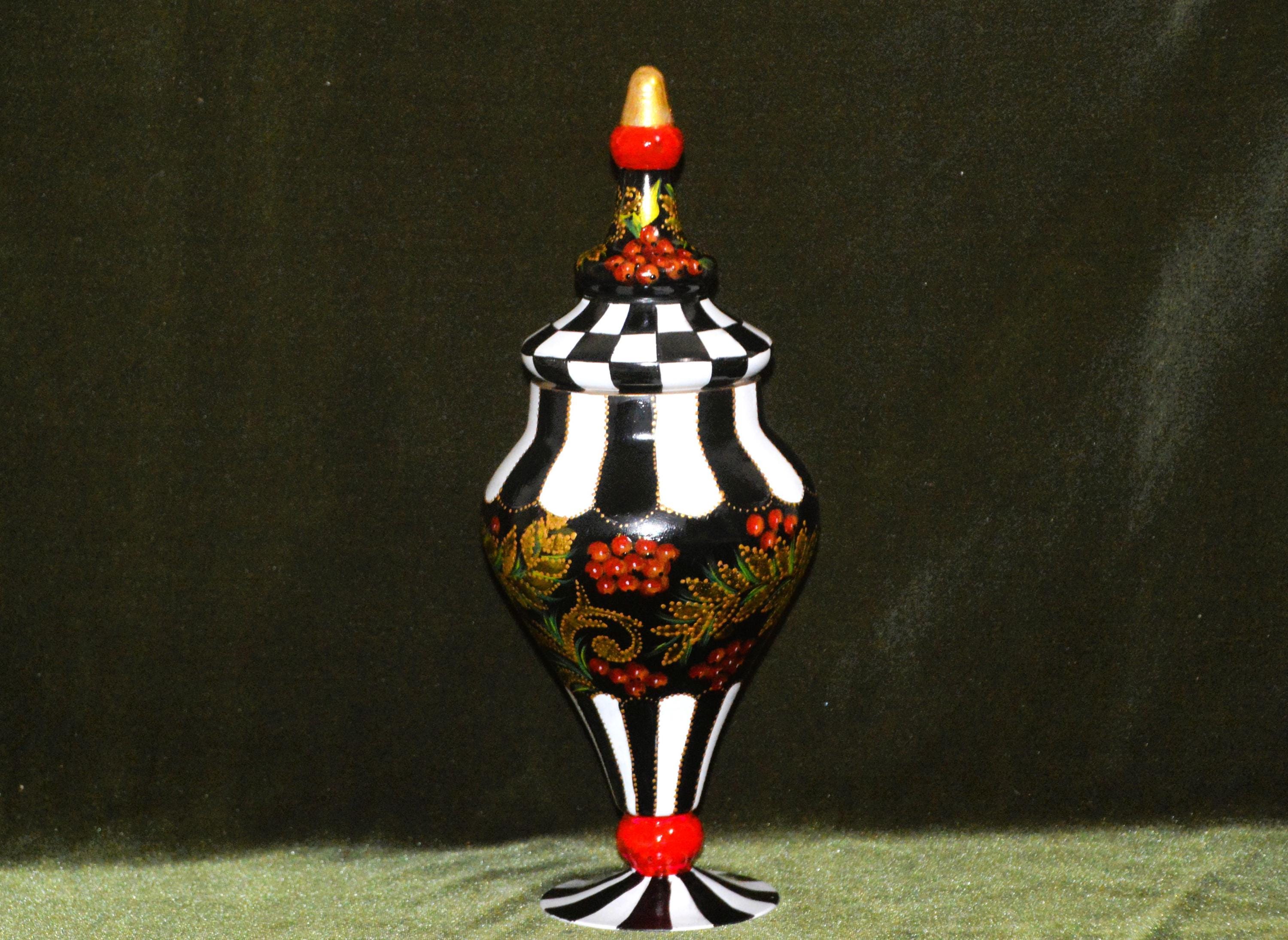 Hand-Painted Glass Apothecary Jar with Lid: Black & White Folk Art (13.5"H)
