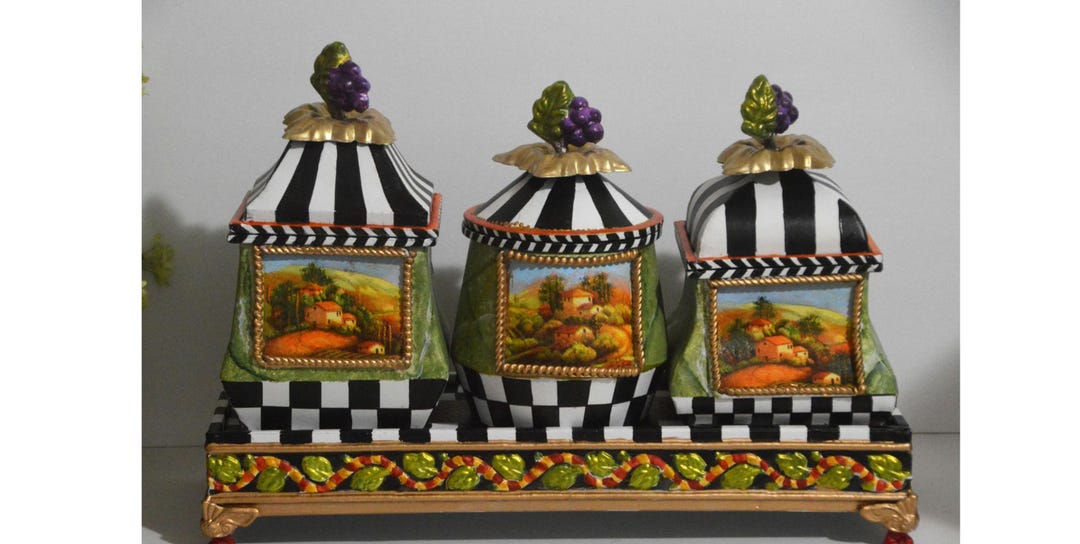 Whimsical 100% Hand Painted Metal Trio Storage Containers Adorned With ...
