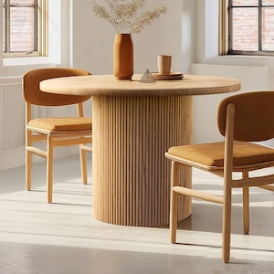 Tavolo da pranzo rotondo in legno massello fatto a mano / base con piedistallo scanalato, 44"