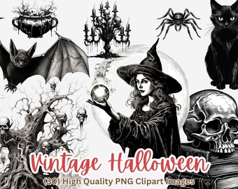 Vintage Halloween Clipart | Black & White Antique Halloween Clipart | Sublimation Designs | Spooky Clipart | Free Commercial Use