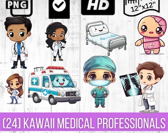 Colección de imágenes prediseñadas de profesionales médicos Kawaii / Lindas ilustraciones de atención médica / Perfecto para proyectos digitales y materiales educativos