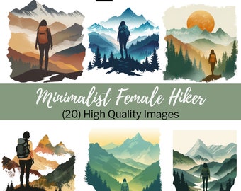 Minimalist Female Hiking Clipart Woman Outdoor Hiker Mountain Views Hiking Girl Silhouette Shirt Sublimation