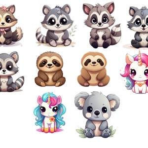 Pode incluir: Um conjunto de dez ador&aacute;veis ilustra&ccedil;&otilde;es de animais de desenho animado, incluindo um guaxinim, um bicho-pregui&ccedil;a, um unic&oacute;rnio e um coala. Os animais s&atilde;o todos retratados em um estilo fofo e caprichoso, com cores brilhantes e express&otilde;es brincalhonas.