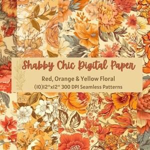 Puede incluir: Diez dise&ntilde;os de papel digital con patrones sin costuras de flores rojas, naranjas y amarillas sobre un fondo crema.  Shabby Chic Digital Paper, Red, Orange & Yellow Floral (10) 12"x12" 300 DPI Seamless Patterns.