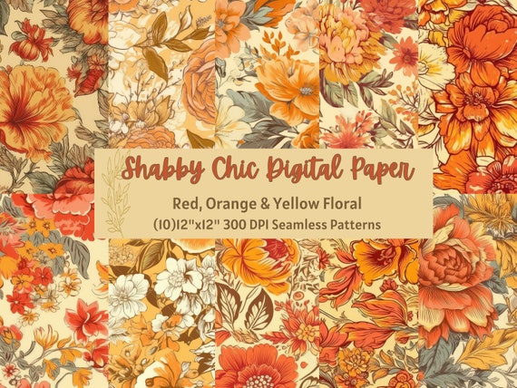 Floral Digital Paper Shabby Chic Orange Yellow Red Seamless Paper Vintage Style Floral Pattern Junk Journal Art