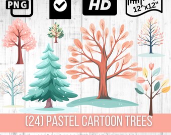 Pastel Cartoon Trees Clipart - Flat Design Nature Graphics, Digital Download, Cute Tree, Crafts, Invitations, and DIY Projects