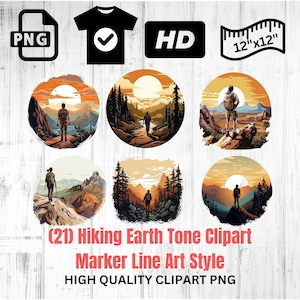 Hiking Clipart | Marker Line Art Style | Adventure Clipart | Hiking PNG | Hiker Clipart | Mountain Hiking | Earth Tone