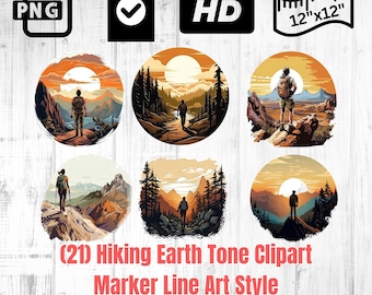 Hiking Clipart | Marker Line Art Style | Adventure Clipart | Hiking PNG | Hiker Clipart | Mountain Hiking | Earth Tone