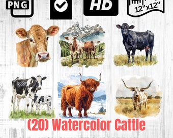 Watercolor Cow | Watercolor Cattle | Cow PNG | Highland Cow | Angus Cattle | Dairy Cow Clipart | Farm Bundle Clipart | Instant Download