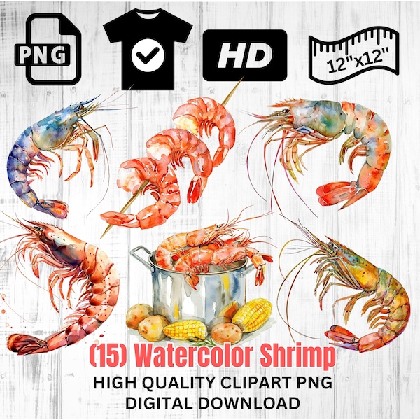 Watercolor Shrimp Clipart | Wild Shrimp | Cooked Shrimp PNG | Seafood Clipart | Shrimp Boil | Instant Download