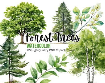 May include: Watercolour illustrations of 22 forest trees, including birch, pine, and deciduous trees. The trees are painted in shades of green and brown, with some white accents. The text "Forest Trees Watercolor 22 High Quality PNG Clipart Images" is written in black.