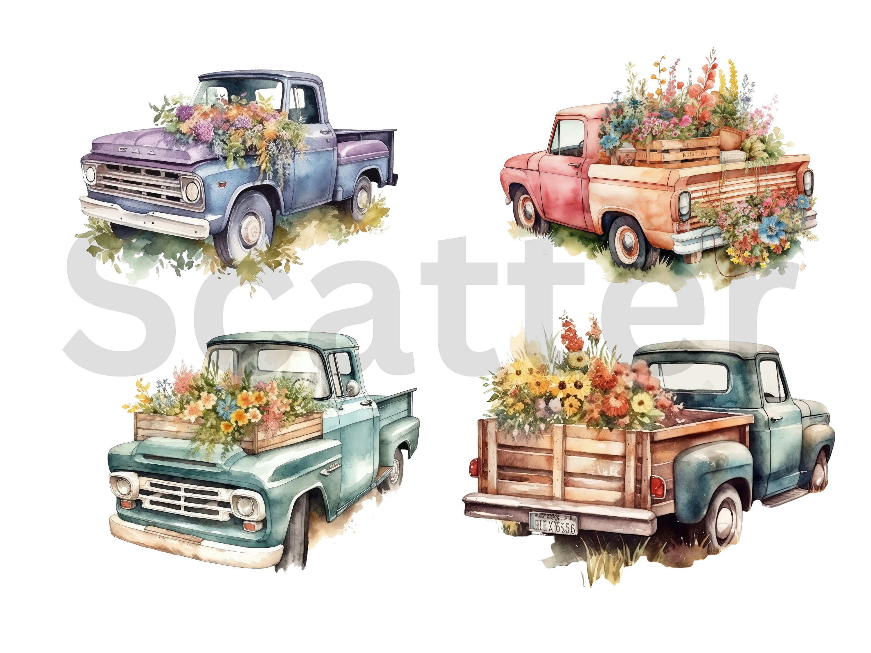 Watercolor Flower Truck Clipart Floral Truck Vintage Truck Clipart Junk