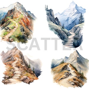 May include: Four watercolour paintings of mountain trails. Each painting depicts a different mountain scene with a winding path leading up the mountainside. The paintings are in shades of brown, green, blue, and white.