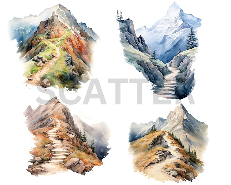 May include: Four watercolour paintings of mountain trails. Each painting depicts a different mountain scene with a winding path leading up the mountainside. The paintings are in shades of brown, green, blue, and white.