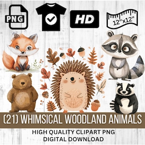Ensemble de cliparts lunatiques animaux des bois | Illustrations dessinées à la main de style dessin animé | Renard, ours, écureuil, chevreuil et plus | Parfait pour le bricolage