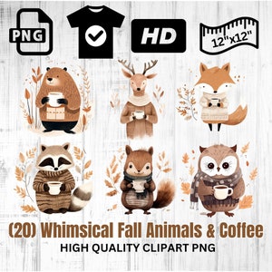 Whimsical Fall Animals & Coffee | Forest Animals | Fall Coffee PNG | Cute Animal Clipart | Instant Download