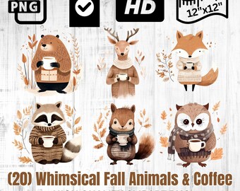 Whimsical Fall Animals & Coffee | Forest Animals | Fall Coffee PNG | Cute Animal Clipart | Instant Download