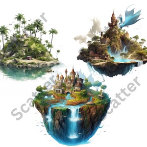 May include: Three fantasy islands floating in the air. The first island is a tropical island with palm trees and a red car. The second island has a castle with a blue dragon flying above it. The third island has a castle with a waterfall and a river.