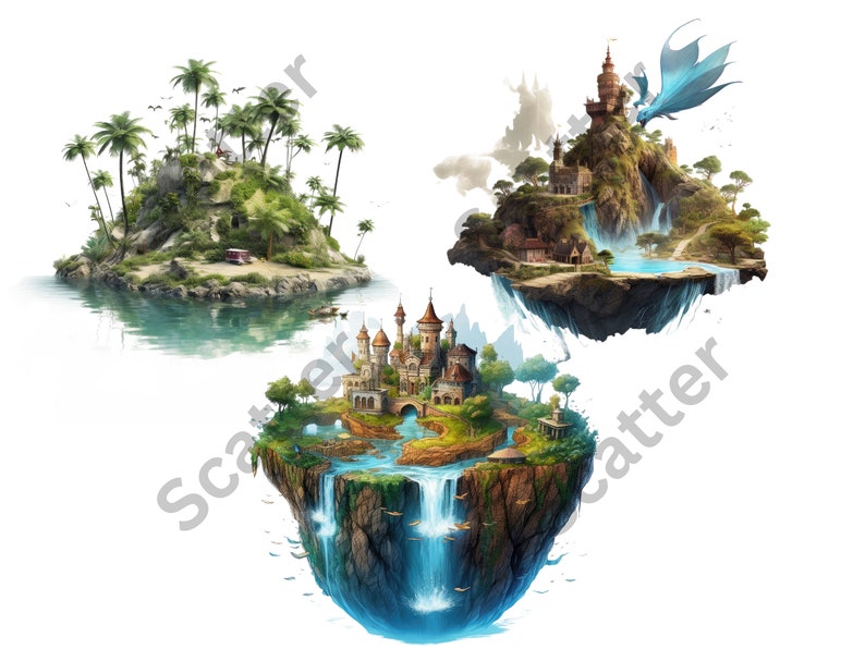 May include: Three fantasy islands floating in the air. The first island is a tropical island with palm trees and a red car. The second island has a castle with a blue dragon flying above it. The third island has a castle with a waterfall and a river.