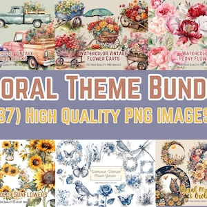 Zestaw akwarelowych kwiatowych clipartów | Boho Junk Journal | Flower Truck Flower Cart | Użytek komercyjny | Pobieranie cyfrowe