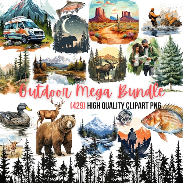 Méga lot de cliparts en plein air | Clipart ours | Clipart chasse | Montagne PNG | Autocollants de parc national | Clipart extérieur | Requins