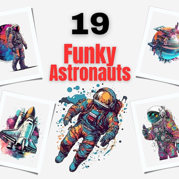 Funky Astronaut Clipart | Space Shuttle Clipart | Moon Clipart | Space Stations Clipart | Sublimation Desgins | Space Ship Clipart