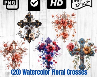 Watercolor Floral Crosses | Floral Cross Clipart | Religious Art | Easter Clipart | Cross PNG | Instant Download