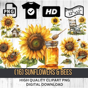 Watercolor Sunflowers & Bees Clipart | Summer Flower PNG | Floral Clip Art| Instant Download