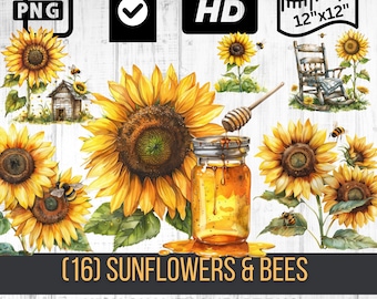 Akvarell solrosor och bin clipart | Sommarblomma PNG | Blommig clipart | Sommarblommor PNG | Direkt nedladdning