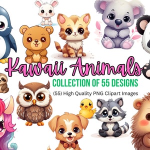 55 Kawaii Tiere Clipart Bundle | Kawaii Illustrationen | Kawaii PNG | Niedliche Tier Clipart | Sofort Download