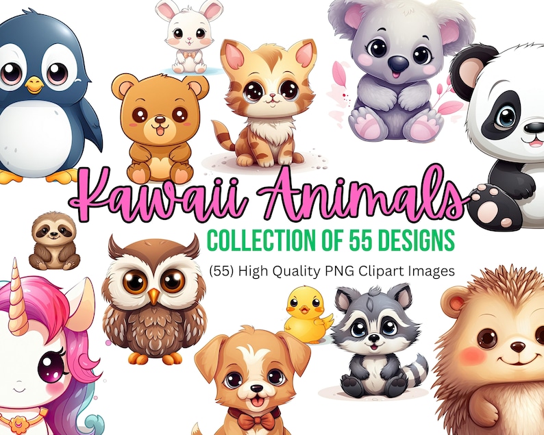 Pode incluir: Uma cole&ccedil;&atilde;o de 55 ilustra&ccedil;&otilde;es de animais kawaii. As imagens apresentam uma variedade de animais, incluindo um pinguim, um coala, um panda, um bicho-pregui&ccedil;a, uma coruja, um unic&oacute;rnio, um pato, um guaxinim, um ouri&ccedil;o, um gato, um cachorro e um coelho. Os animais s&atilde;o todos desenhados em um estilo fofo e de desenho animado. O texto "Kawaii Animals" e "Collection of 55 Designs" &eacute; exibido em letras rosa. O texto "(55) High Quality PNG Clipart Images" &eacute; exibido em letras verdes.