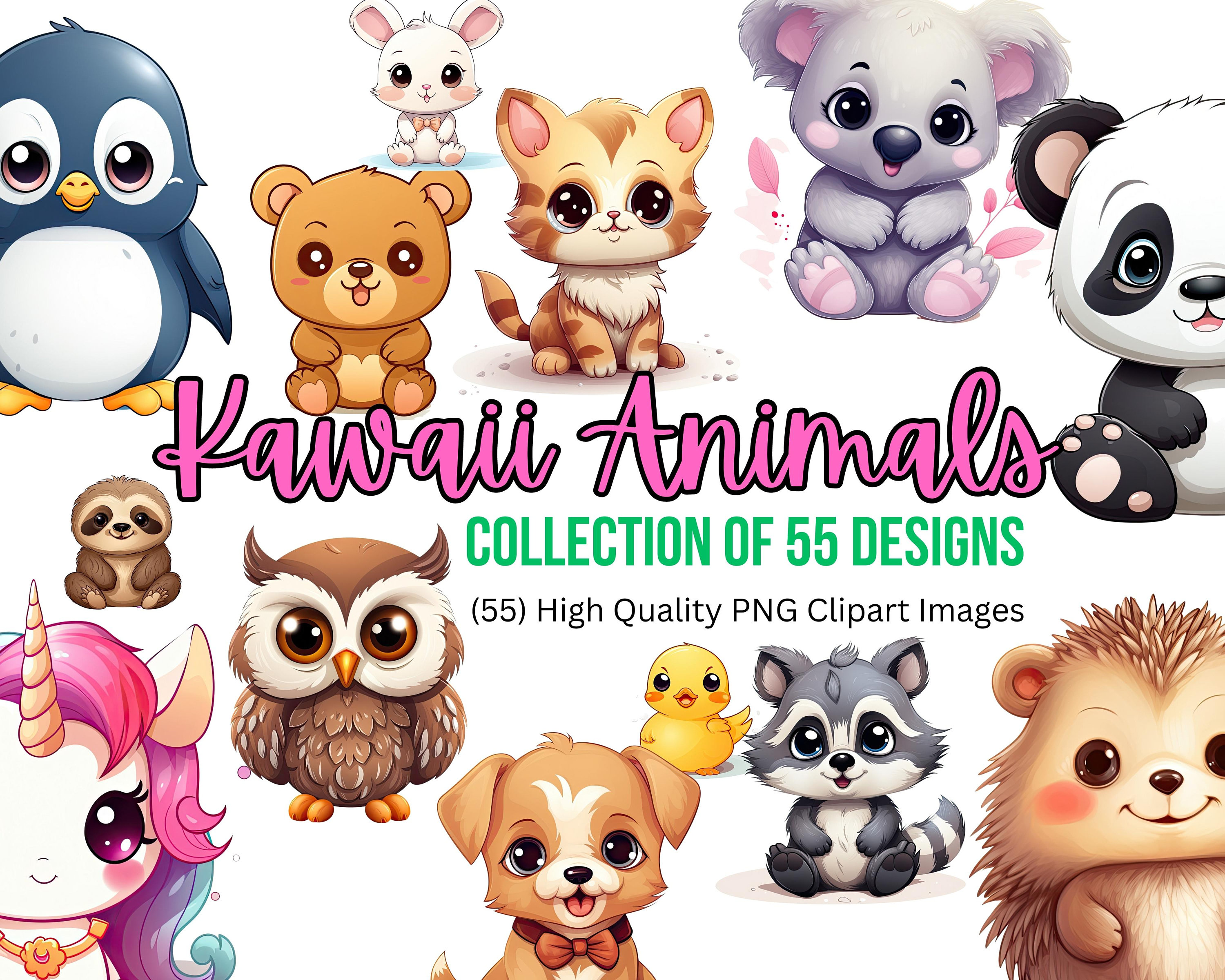 55 Kawaii Animals Clipart Bundle Kawaii Illustrations Kawaii PNG Cute
