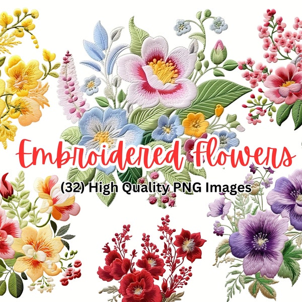 Embroidered Flower Clipart | Floral PNG Designs | Flower Clipart | Embroidery Style Clipart | Embroidered Clipart Flowers | Commercial Use