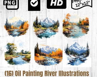 River Illustrations | Oil Painting Style | Travel Graphics | Mountains & Rivers | Outdoor Clipart | Hiking PNG | Mountain Clipart