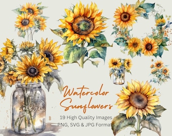 Könnte beinhalten: Aquarellmalerei von Sonnenblumen in verschiedenen Arrangements, darunter ein Strauß in einem Einmachglas, ein Kranz und einzelne Blumen. Der Text "Watercolor Sunflowers" und "19 High Quality Images PNG, SVG & JPG Formats" ist ebenfalls enthalten.