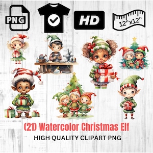 Clipart de duende de Natal em aquarela | Elfos de férias | Elfos de Natal fofos | Elfo PNG | Download instantâneo