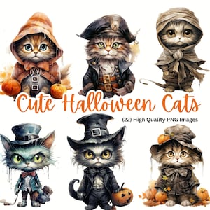 Watercolor Cute Halloween Cat Clipart | Halloween Clipart | Halloween PNG | Spooky Cat Clipart | PNG Bundle | Instant Download