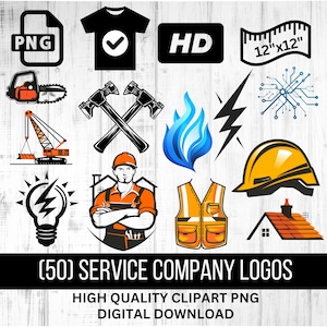 50 logotipos de empresas de serviços - formato PNG com fundo transparente, ampliável para caber, ideal para reparos, elétricos, construção