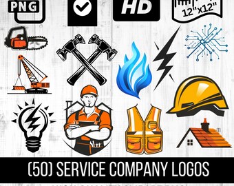 50 Service Business Logos - PNG Format with Transparent Background, Enlargeable to to fit, Ideal for Repair, Electrical, Construction