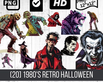 1980s Retro Halloween Clipart Bundle | Vintage Spooky PNGs | Horror-Themed Digital Downloads | 80s Nostalgia Art for DIY Projects