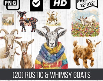 Rustieke & eigenzinnige geit clipart | Speelse en getextureerde geit PNG-collectiebundel | Boerderij dieren clipart | Leuke geitillustraties
