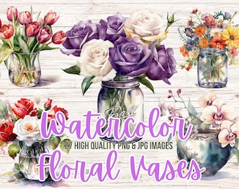 Watercolor Flower Vase | Floral Vase Clipart | Flower Bouquet | Watercolor Flowers PNG | Card Making | Digital Paper Craft