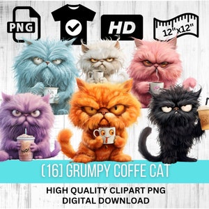 Watercolor Grumpy Coffee Cat Collection Clipart | Whimsical Grumpy Kitty | Coffee and Cat Lover | 16 PNG Images