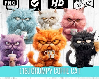 Watercolor Grumpy Coffee Cat Collection Clipart | Whimsical Grumpy Kitty | Coffee and Cat Lover | 16 PNG Images