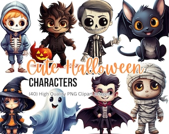 Cute Halloween Characters Clipart | Halloween Clipart | Gothic PNG | Spooky Clipart | PNG Bundle | Instant Download