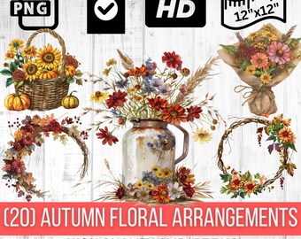 Rustic Autumn Floral Arrangement Clipart Images | Fall Harvest Flowers PNG | Instant Download